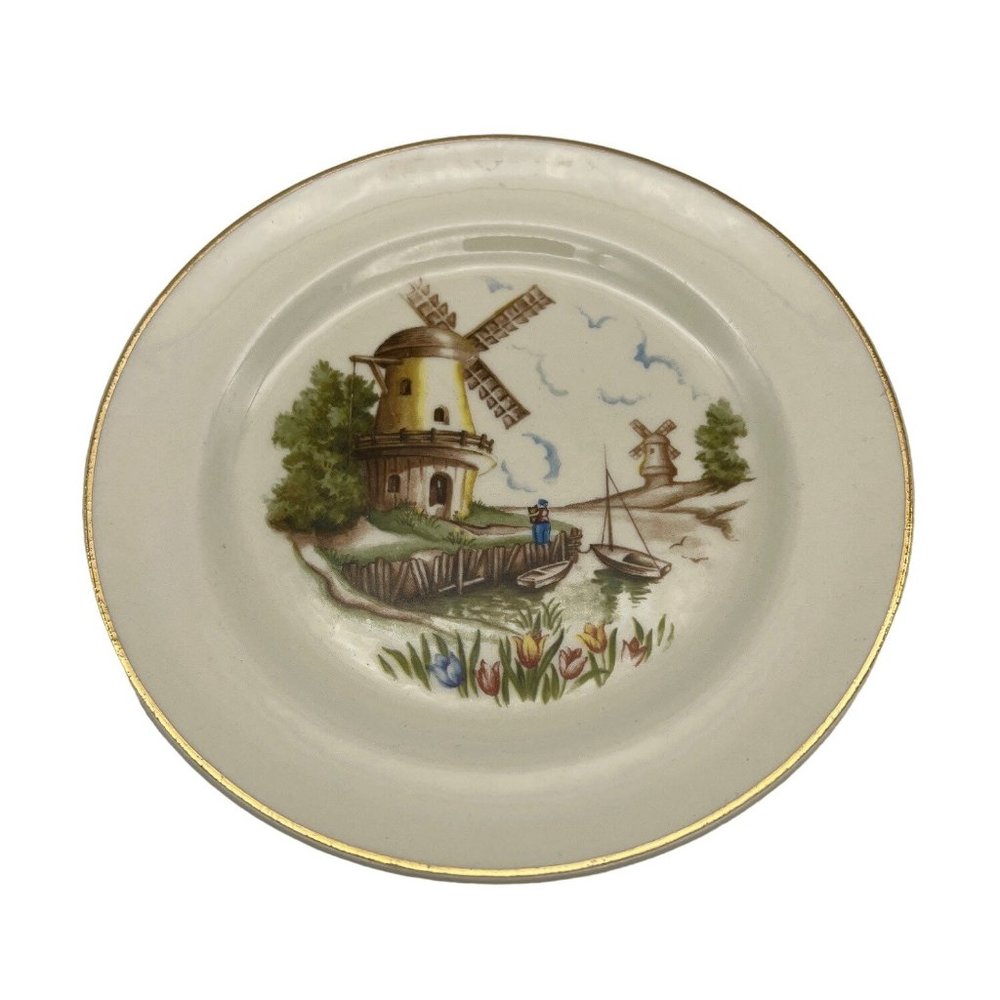 Camwood Ivory Collectible Plate Windmill Universal Cambridge 22 Carat Gold 6.25"